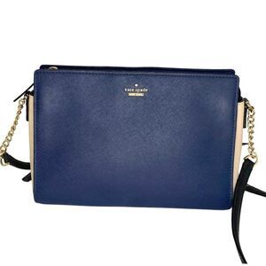 Kate Spade New York Crossbody Bag Blue Cream Saffiano Leather Gold Chain Accent